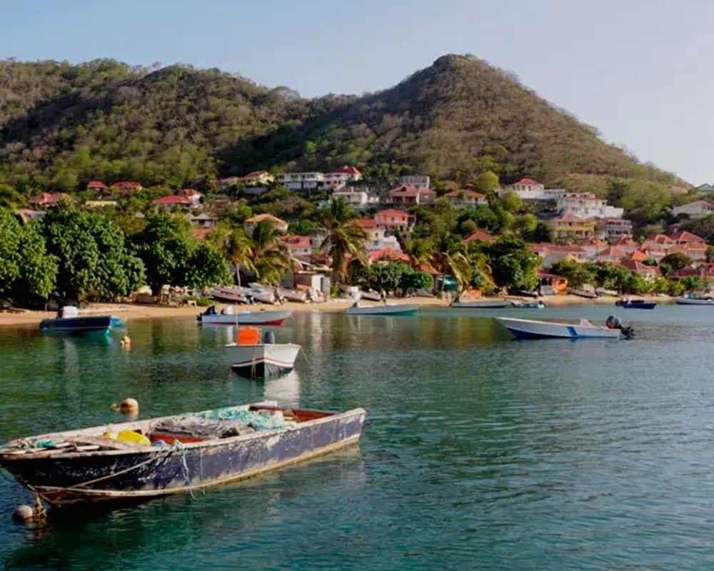 Una bahía de Guadalupe con lanchas amarradas, casas de techos rojos entre palmeras y un cerro verde detrás