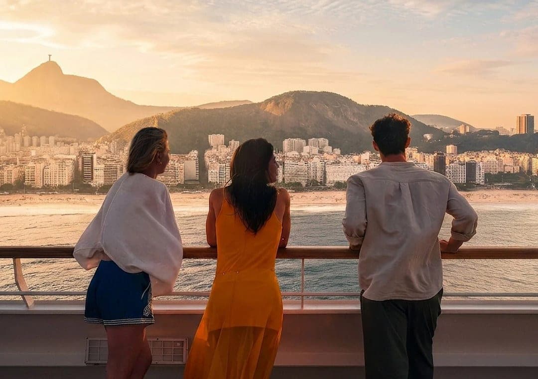 Tres pasajeros de espaldas en la cubierta del Costa Serena, frente a la costa de Río de Janeiro